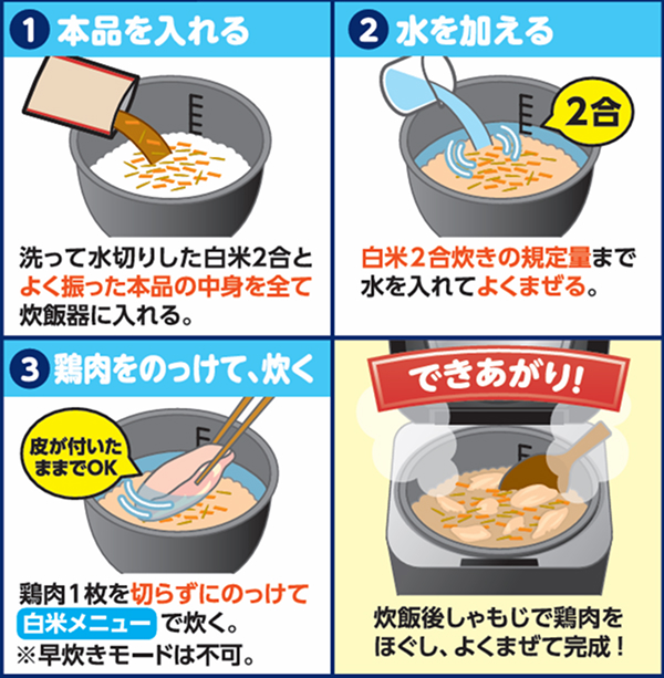のっけ炊き 鶏ごぼうごはんの素 使い方・作り方の図
